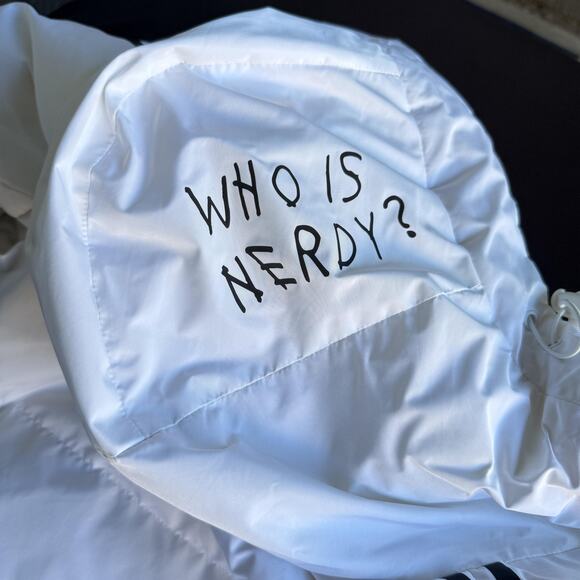 NERDY Coat Small White Long Hooded Down Puffer Parka Stripe Logo Full Zip - Picture 3 of 14